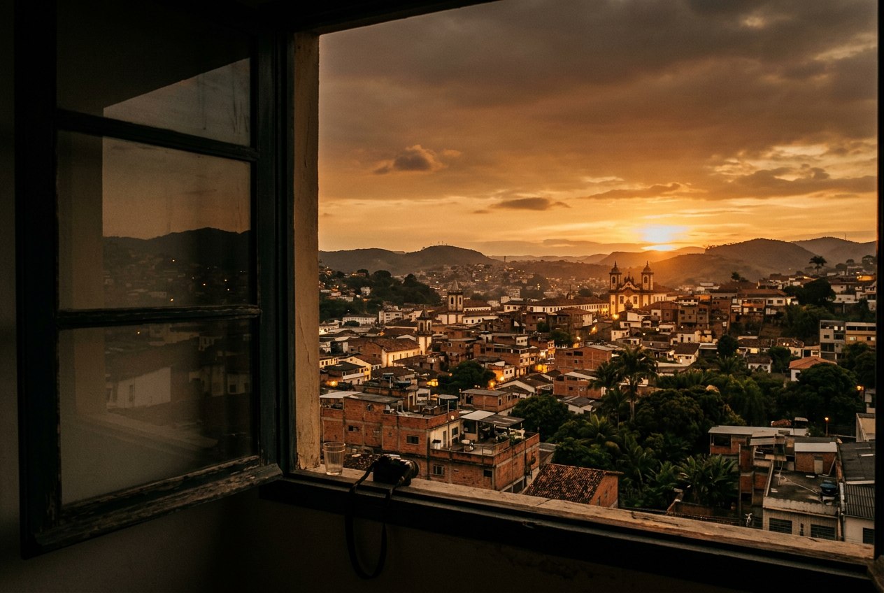 Cidade do interior brasileiro ao entardecer, vista de uma janela